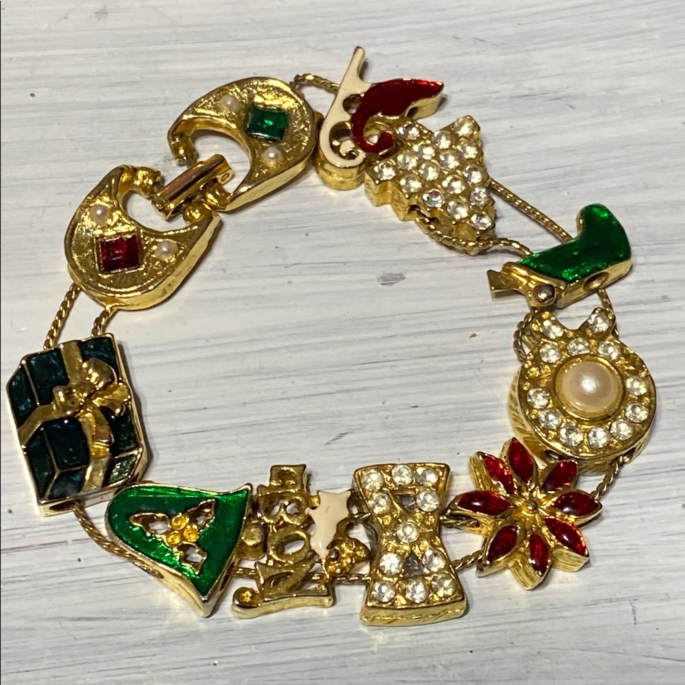 Christmas Panel Slide enamel Charm Rhinestone vintage faux Pearl Enamel Bracelet